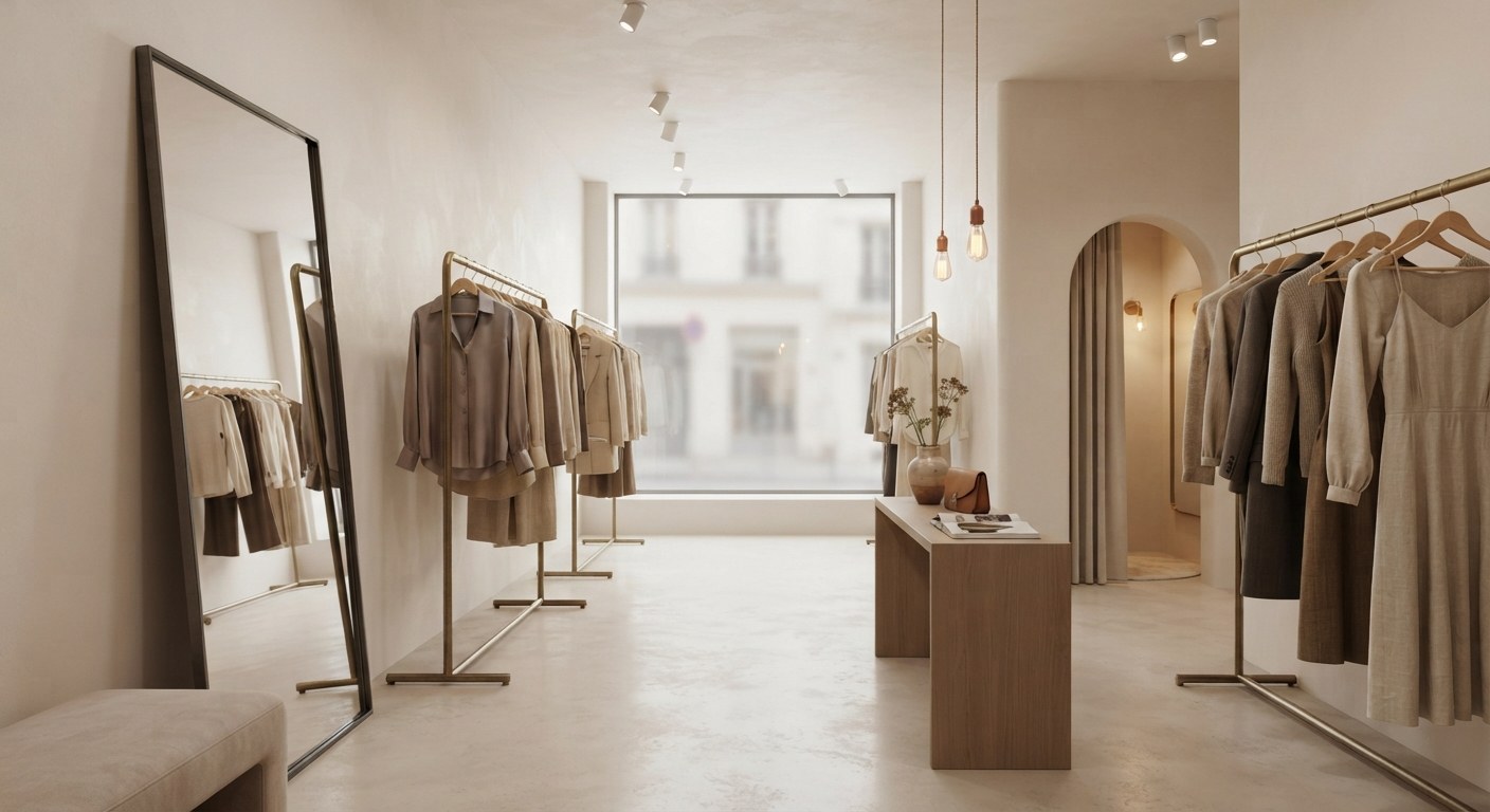 Intérieur d'une boutique de vêtements pour femmes, portants et présentoirs